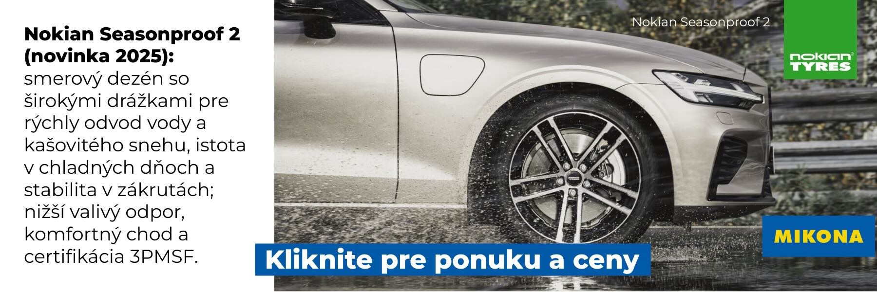 Nokian Seasonproof 2 (novinka 2025): smerový dezén so širokými drážkami pre rýchly odvod vody a kašovitého snehu, istota v chladných dňoch a stabilita v zákrutách; nižší valivý odpor, komfortný chod a certifikácia 3PMSF.